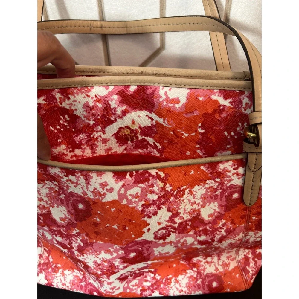 Coach Peyton Floral Print Top Handle Tote Bag Pink‎ Orange White Leather Bag
